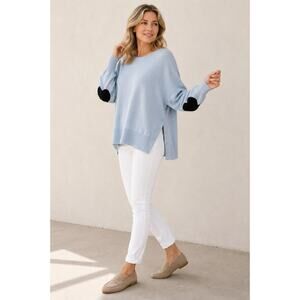 MERSEA Amour Sweater OS Light Blue Black Heart Elbow Patch Side Button Knit